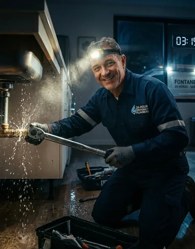 Hombre sonriente de Plomeros Envigado 24 Horas solucionando fuga de agua en una cocina